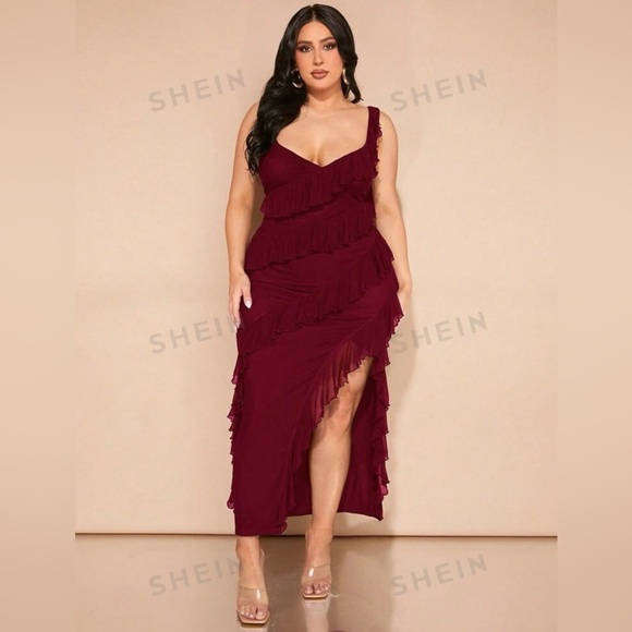 NWT & BAG SHEIN BAE Plus Size Women Ruffled Hem Slit Dress BURGUNDY - Picture 7 of 7